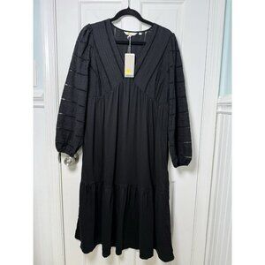 Boden Mixed Woven Black Midi Long Sleeve Dress US 10P DO492 NWT